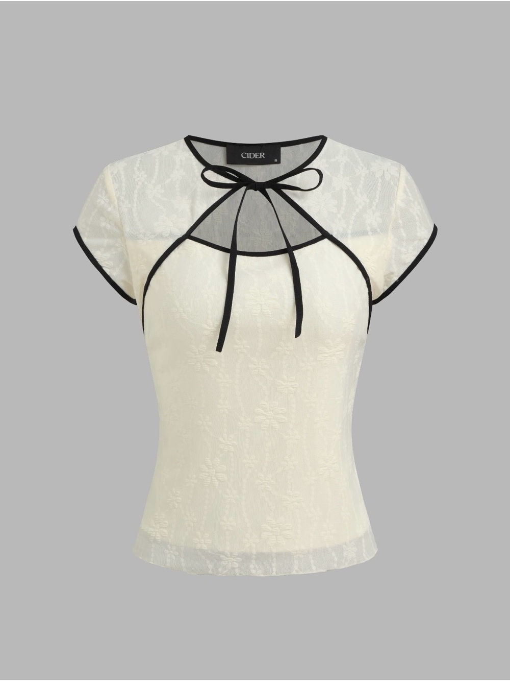 Cider Ivory Lace Bow-Trim Cap Sleeve Blouse with Black Piping